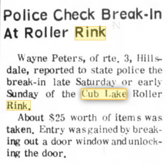 Cub Lake Roller Rink - November 16 1970 Article On Break-In (newer photo)